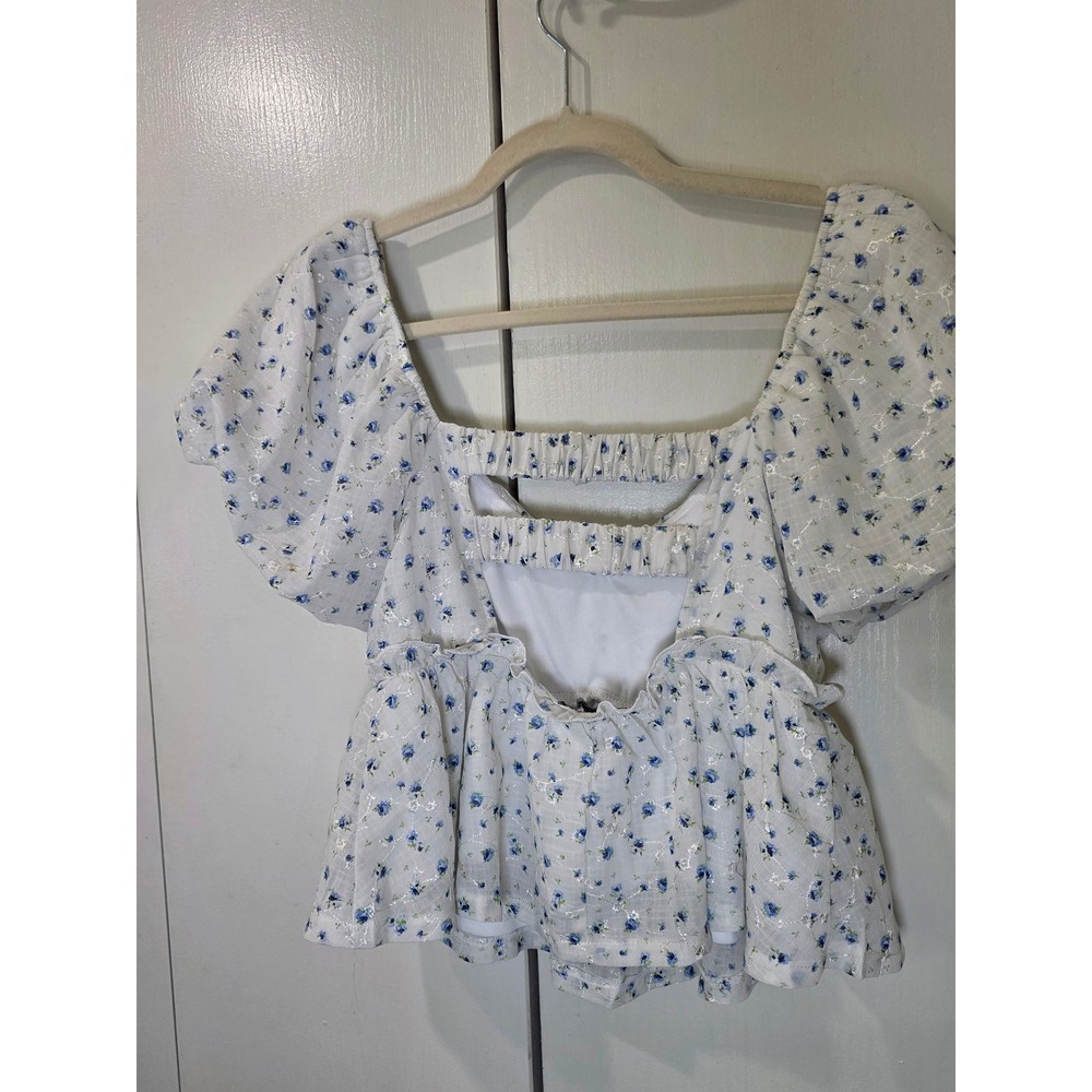 Trixxi Peplum Blouse Womens M White Blue Floral Puff Sleeve Open Back fairycore - Picture 5 of 10